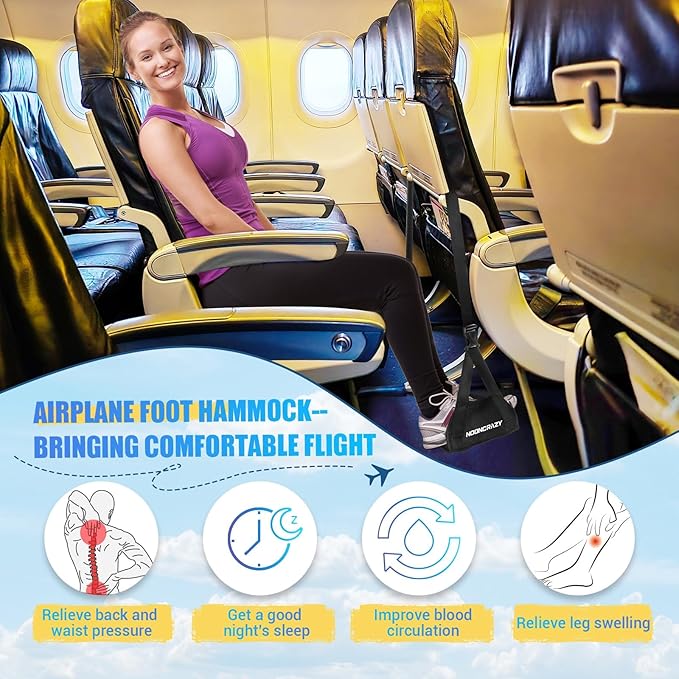 Airplane Foot Hammock, No Collapse Foot Rest for Plane Travel with Extended Adjustment Strap, Portable Desk Foot Hammock with Thickened Foam, Foot Sling Travel Essentials to Relax Your Feet(Black 2PC)