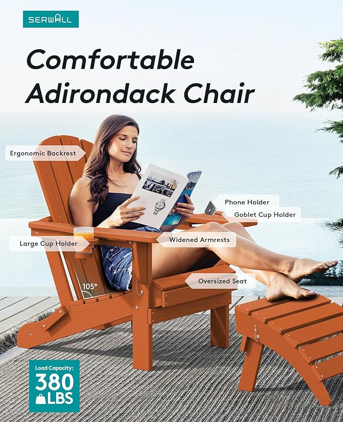 SERWALL Adirondack Chair with Cup Holders - Composite Adirondack Chairs Set of 4 HDPE Outdoor Chairs All Weather Use- Orange