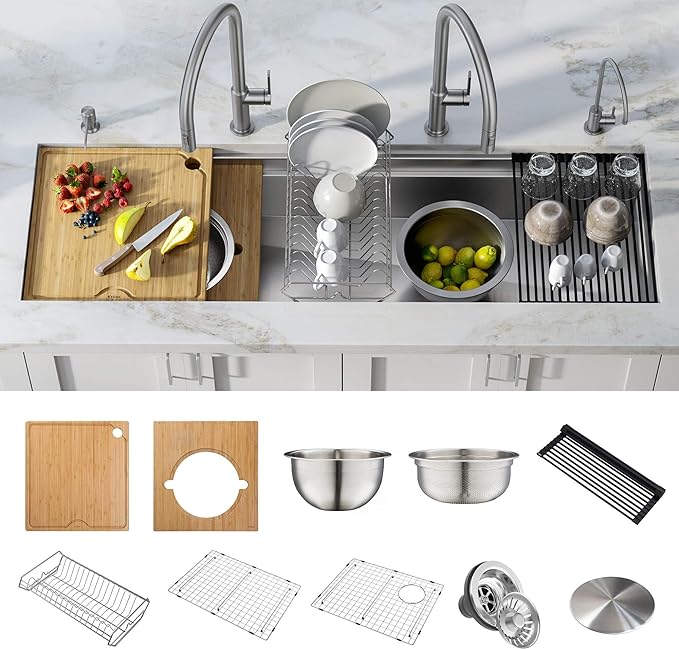 KRAUS Kore 57-inch Undermount Workstation 16 Gauge Single Bowl Stainless Steel Kitchen Sink with 10 Accessories, KWU210-57