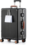 HotWay 24 Inch Hardside Checked Luggage with Leather Handle, PC Zipperless Suitcase with Spinner Wheels and TSA Locks, Lightweight Checked Luggage for Travel, Black