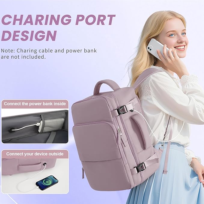 Travel Backpack, Carry on Flight Approved Backpack with Multi-Pockets, TSA Waterproof 17.3inch Laptop Backpack, Personal Item Travel Bag for Men Women, Light Purple