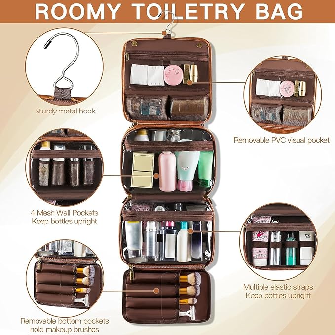 Elviros Hanging Toiletry Bag for Men Travel Essentials 3-in-1 Large Waterproof Dopp Kit PU Leather Shaving Bag with Separate Compartments for Grooming and Toiletries Mens Gift