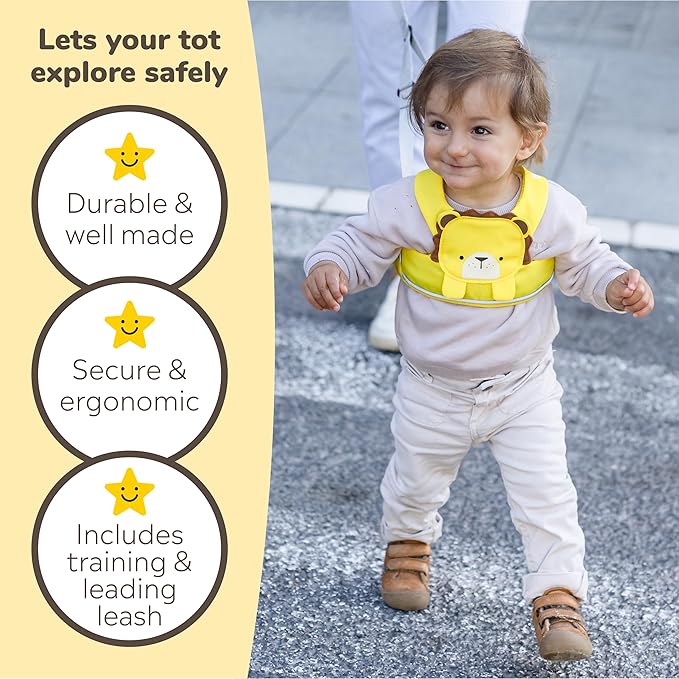 Trunki Toddler Leash - Fuss Free Toddler Walking Reins & Kids Safety Harness | Baby Leash for Kids – Leeroy Lion (Yellow)