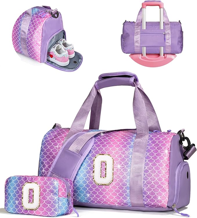 TrendyGifts for Girls-Girl Gym Bag with Shoe Compartment, Kid Personalized Weekender Overnight Bags, Initial Travel Tote with Makeup Pouch, Gift Ideas for Niece Sister (Letter O)