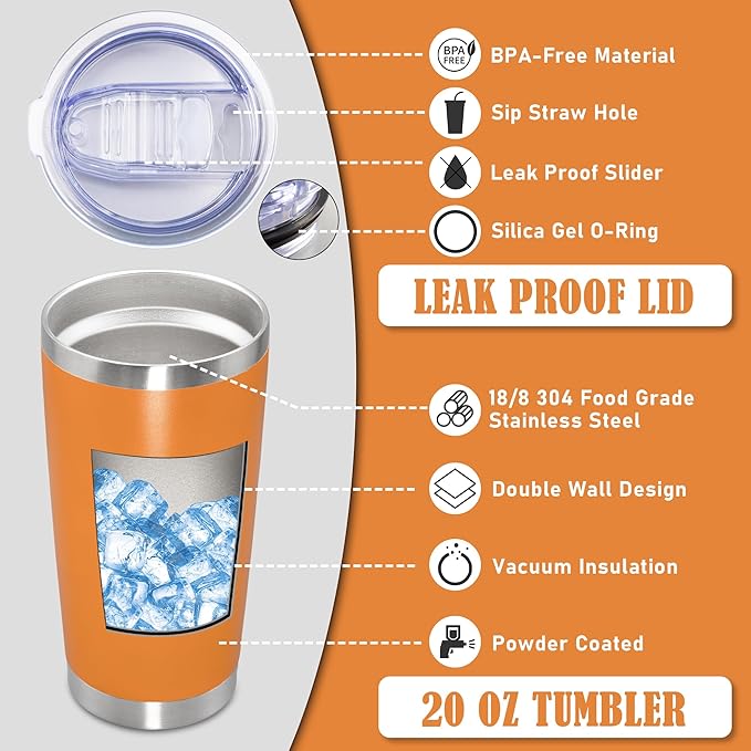 20 oz Tumbler Coffee Tavel Tumblers Bulk with Lid Stainless Steel Double Wall Vacuum Insulated Mug Powder Coated Cups fit Car Cupholder for Hot and Cold - Orange, 1Pack