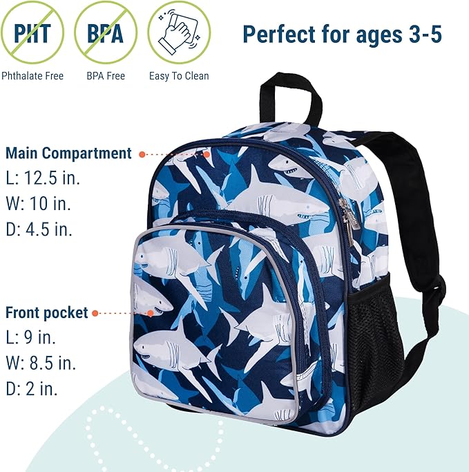 Wildkin 12-inch Kids Backpack – Padded, Adjustable, Ideal for Daycare & Travel - Sharks