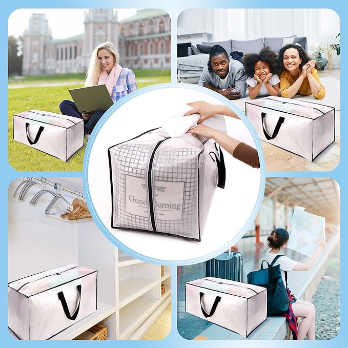 12 Pack Large Strong Moving Bags with Zippers & Carrying Handles - Water-Resistant - Heavy Duty Storage Tote for Space Saving, Fold Flat, Alternative to Moving Box (Semi-Transparent)