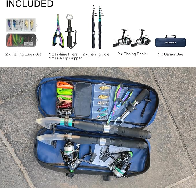 Fishing Rod Reel Set, 2PCS 2.1m/6.89ft Collapsible Fishing Rods + 2PCS Spinning Reels + Fishing Lures Hooks + Carrier Bag + Fishing Pliers Fish Lip Gripper for Travel Saltwater Freshwater Beginner