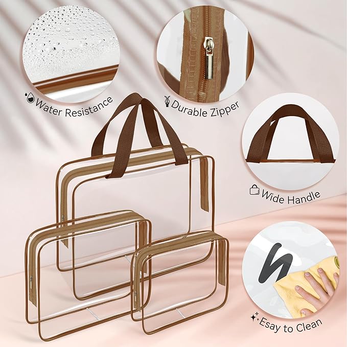 TISRATOK 10 PCS Clear Travel Makeup Toiletry Bag, Plastic PVC Cosmetic TSA Approved Organizer Kit with Zipper Handbag（Coffee）