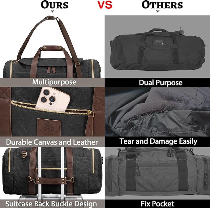 60L Duffle Bag for Men, Nomad Waxed Canvas Travel Duffel Bag Vintage Genuine Leather Travel Handbag Upgraded Weekender Overnight Backpack with Shoes Compartment (Vintage Black, X Large-60L)
