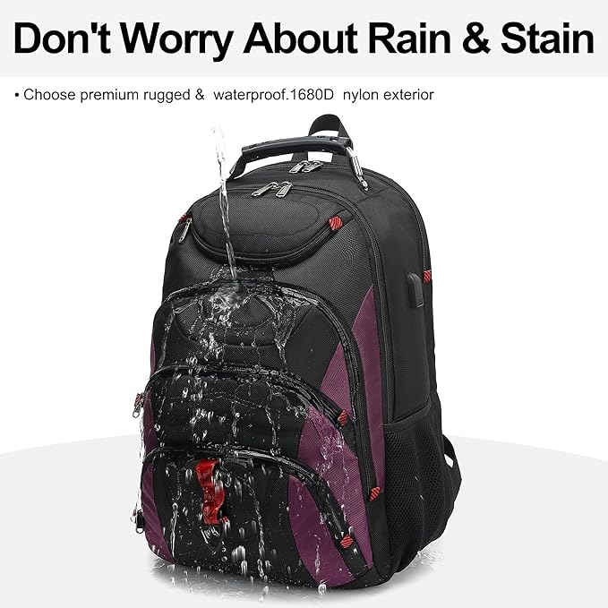 Boavan Laptop Backpack for men, 17.3 inch Laptop Bag with USB Port, Waterproof Travel Work Backpack Purse, Anti-Theft Teacher Nurse Doctor Casual Bookbags Office Business backpack，Black& Purple