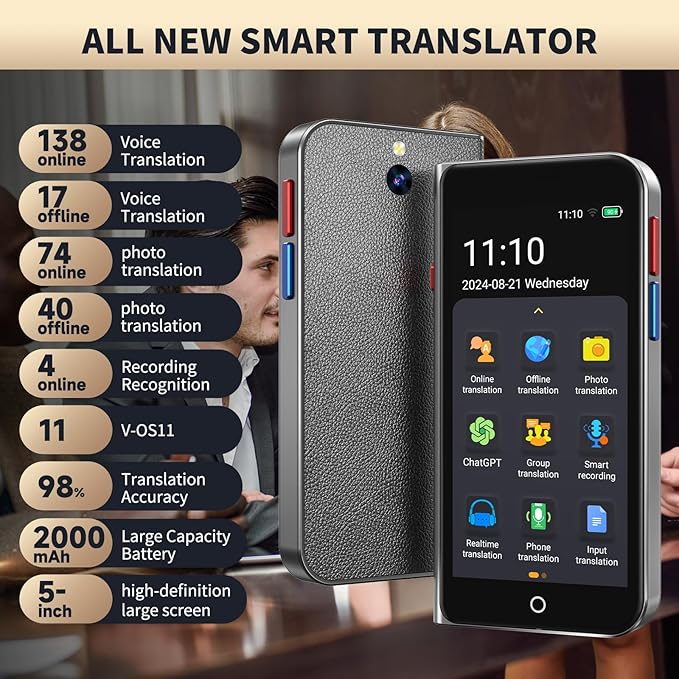 Language Translator Device No Wifi Needed, High-end Upgraded Ai Translator, Offline Real-Time Voice Spainish Translation, Support 139 Languages, Recording&Photo Premium Translation Device for Business