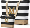 Becokan Beach Bag Initial Beach Tote with Makeup Bag for Travel Work Storage Personalized Birthday Gifts for Women Her