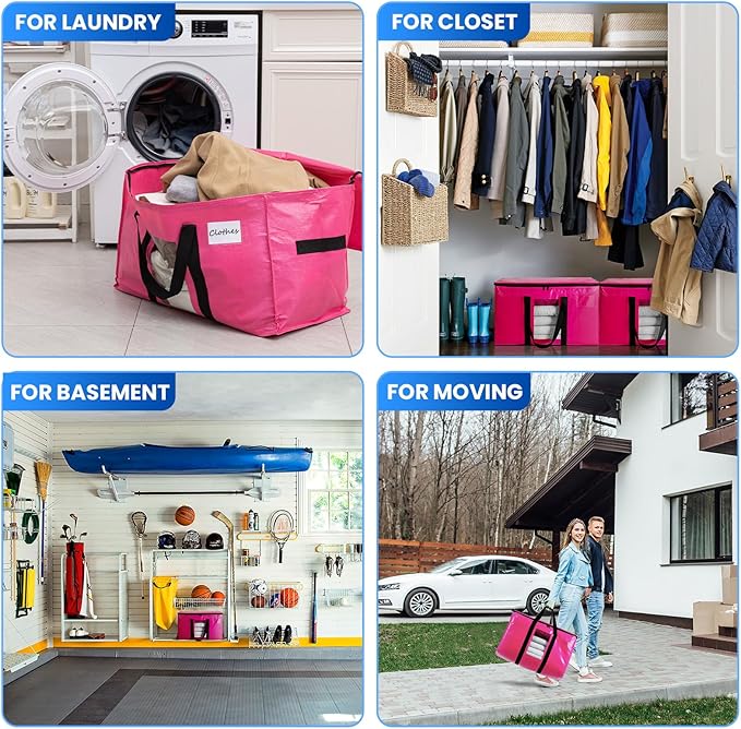 TAILI 4 Pack Pink Extra Large Moving Bags, Heavy Duty Totes with Visible Window, Wrap Around Handles, Great for Storage, Space-Saving