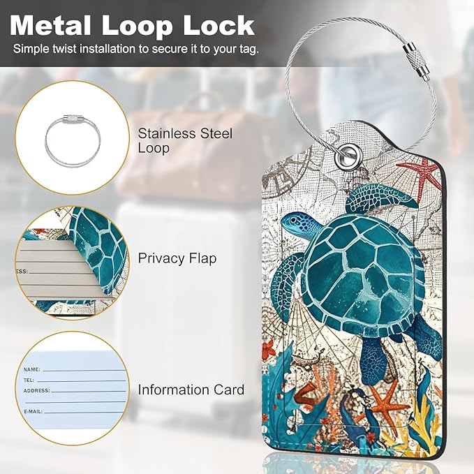 2Pack Luggage Tags for Suitcases, Cute Unique Pu Leather Cruise Luggage Tag with Privacy Cover ID Label Address Card and Metal Ring Suitable for Women Men Kids Travel Bag Retro Map Turtle