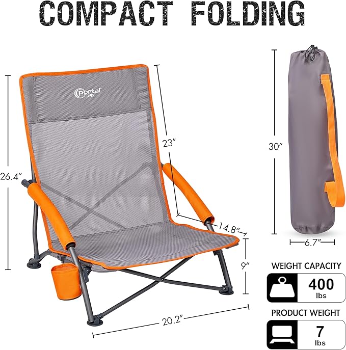PORTAL Beach Chairs for Adults Camping Low Lightweight Portable Chair with Cup Holder Mesh Back Carry Bag for Outdoor Sand Lawn Travel Picnic Festival Concert, 350LBS