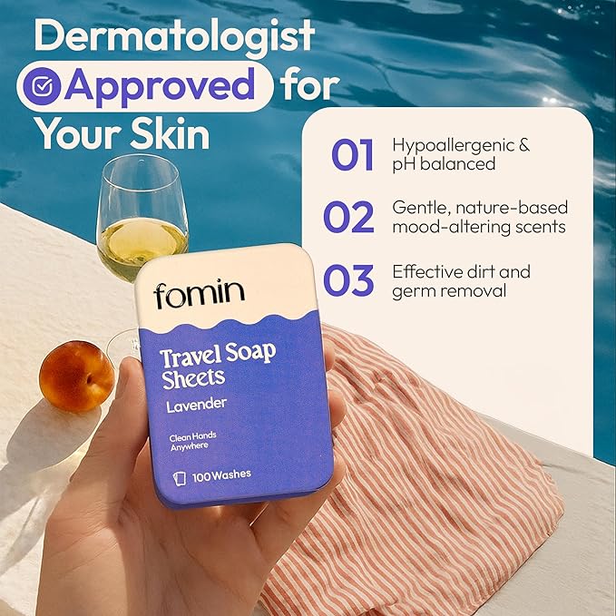 FOMIN - Antibacterial Paper Soap Sheets Tin for Traveling - (100 Sheets) Lavender Portable Travel Hand Soap Sheet, Dissolvable Mini Camping Hand Soap for Hand Washing