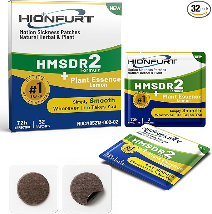 HMSDR2 32ct Motion Sickness Patches with Plant Essence – Lemon – Sea Sickness Patches for Cruise, Car, Airplane – Non-Drowsy, 72H Lasting
