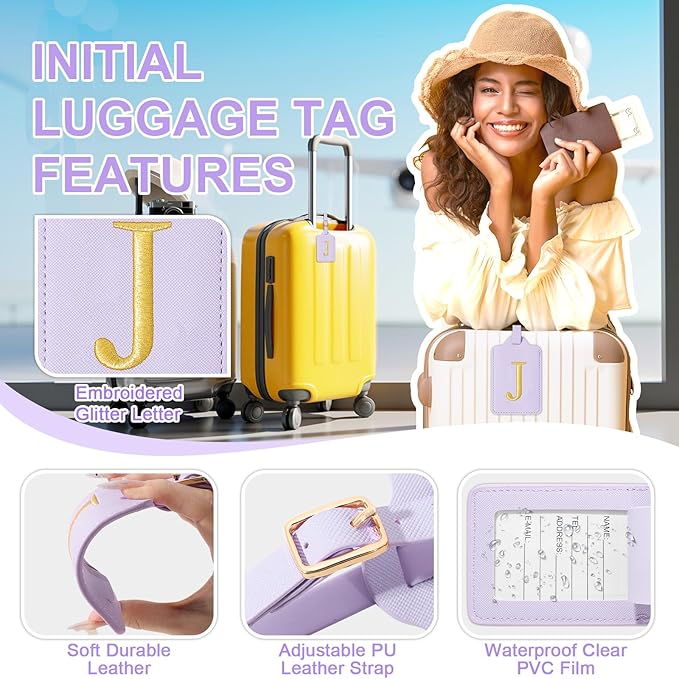 Personalized Initial Luggage Tags for Suitcase, Purple Leather Cute Luggage Tags with Privacy Cover Name Card, Embroidered Custom Monogrammed Luggage Tag Travel Backpack Tags Gifts for Women Kids(J)