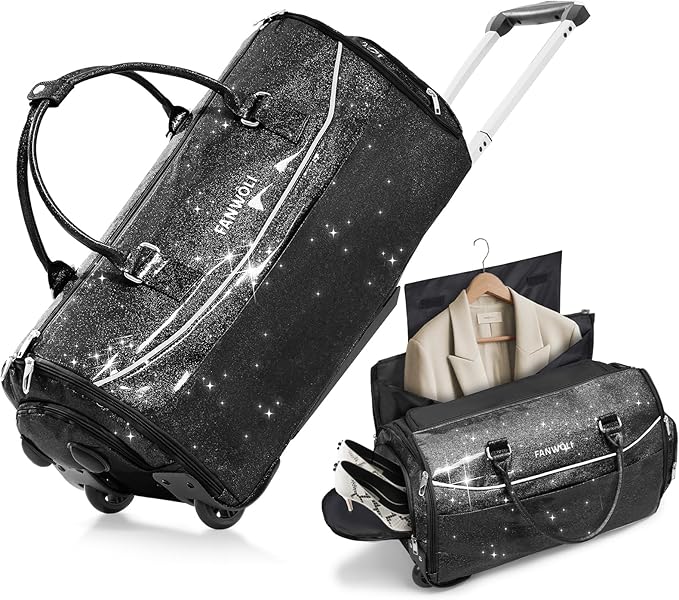 3-in-1 Rolling Garment Bags for Travel, Glitter Wheeled Carry-On Suit Luggage with Shoe Storage & Detachable Bag, Convertible Duffel Bag for Men Women Business Trips Weekender, Wrinkle-Free (Black)
