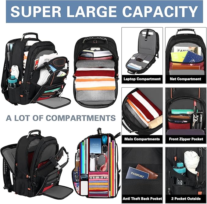 18.4 inch Laptop Backpack, Extra Large Travel Laptop Backpack with USB Charging Port, Big Capacity TSA Friendly RFID Anti Theft Pocket Heavy Duty Computer Bag for Men Women,21.2*15.5*11.5 inch Orange