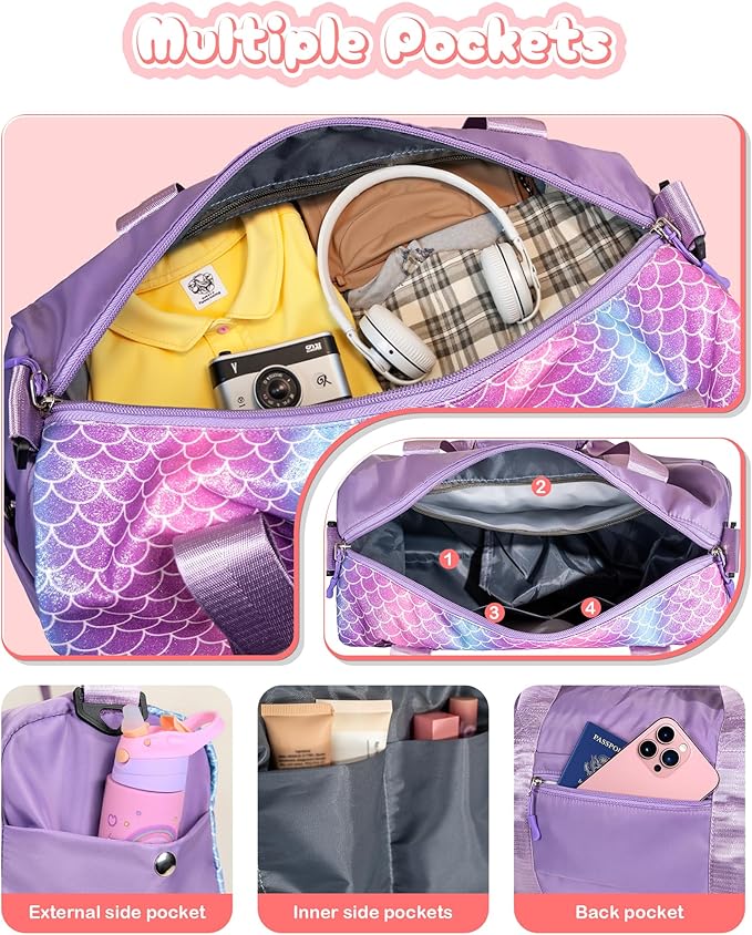 Gifts for 3 4 5 6 7 8 9 10 Year Old Girls-Girl Gym Bag with Shoe Compartment, Kid Personalized Weekender Overnight Bags, Initial Travel Tote with Makeup Pouch, Gift Ideas for Kids (Letter M)