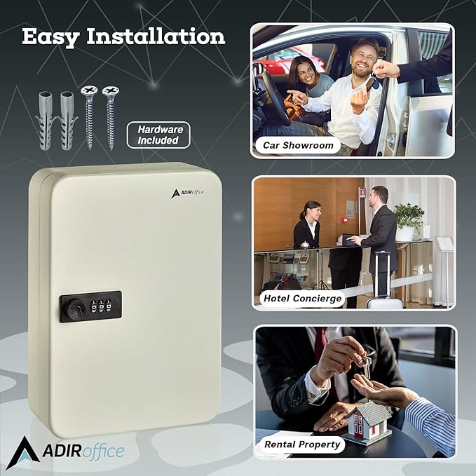 AdirOffice Key Lock Box – 48 Key Hooks Wall Mounted Key Cabinet Lock Box, Car Keys Holder Box, Lockable Key Storage Box - Metal Key Box Organizer with for Home and Office