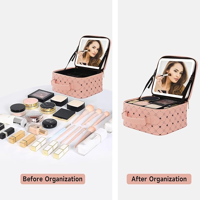 Travel Makeup Bag With 360° rotating LED Mirror,Waterproof cosmetic organizer,Portability Cosmetic case,Makeup organizer,Gift for Women,Girls Gift (Pink)