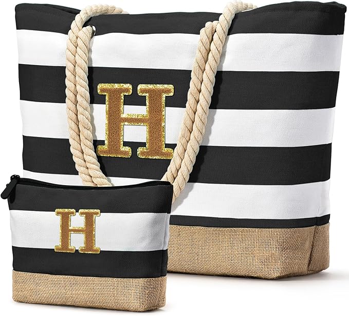 Becokan Beach Bag Initial Beach Tote with Makeup Bag for Travel Work Storage Personalized Birthday Gifts for Women Her