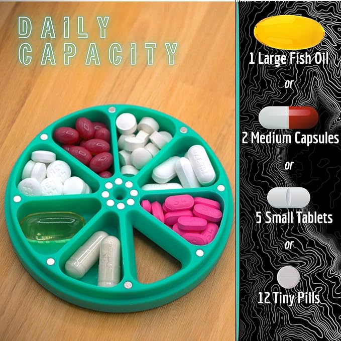 Travel RX Pill Case by Type Two Labs – Weekly 7 Day Pill Box, Compact Magnetic Organizer for Pills fits Purses or Pockets, Rugged Daily Caddy Holds Vitamins, Supplements and Medication. (Blue)