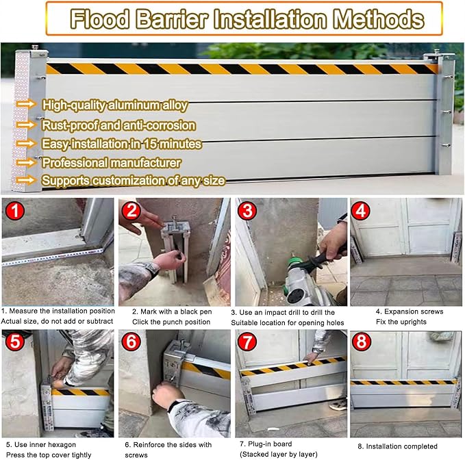Reusable Flood Barrier, 3/4/5/6/7/8/9/10/11/12/13ft Long Heavy Duty Aluminum Water Barrier Shield for Sliding Glass Door/Driveway/Home Doorway, Removable Stopper Shield with Rubber(H 0.6ft