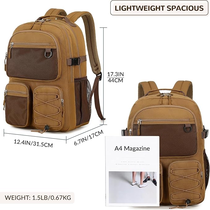 Lohol Water Resistant Daypack with Mulitiple Pockets for Travel Outdoor College, 15.6 inch Laptop Backpack for Men and Women (Brown)