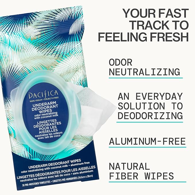 Pacifica Beauty Coconut Milk & Essential Oils Underarm Deodorant Wipes, Helps Remove Odor, Aluminum-Free, Vegan & Cruelty-Free, 30 Wipes (2-Pack)