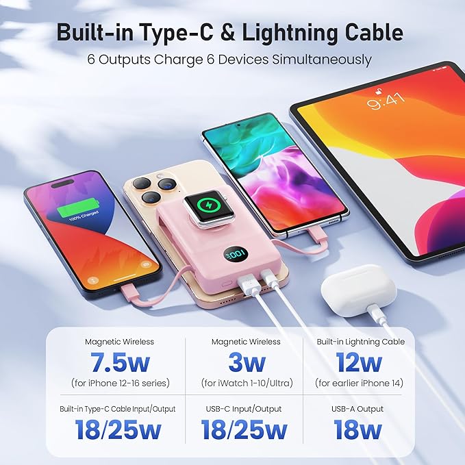 Magnetic Portable Charger for iPhone with Built-in Cables, 6-in-1 10800mAh Power Bank with iWatch Charger & LCD Display,25W Fast Charging Battery Pack for iPhone 16/15/14/13/12,Apple Watch (Pink)
