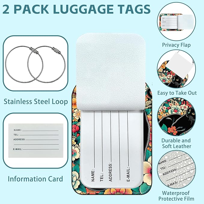 Black Cat and Flower Luggage Tag for Suitcase Set of 2 PU Leather Cute Luggage Tags with Stainless Metal Loop ID Label Privacy Flap Suitcase Tags for Women and Men Travel