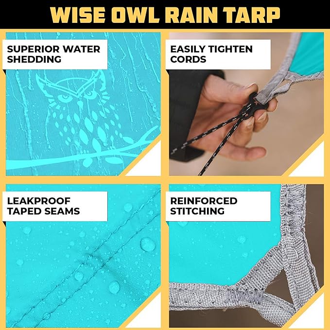 Wise Owl Outfitters Hammock Rain Fly – Waterproof Camping Tarp Cover with Tent Stakes & Carry Bag, Ultralight Shelter for Backpacking & Outdoor Shade