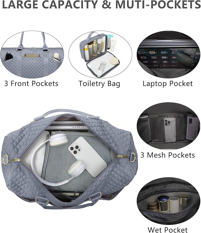 Weekender Travel Duffle Bag for Women - Carry on Bag with Shoe Compartment Overnight Bags with Toiletry Bag Wet Pocket Weekend Traveling Yoga Gym Hospital Bags for Labor and Delivery Grey