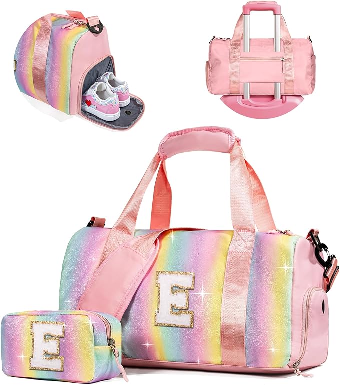 Birthday Gifts for 4 5 6 7 8 9 10 11 12 13 Year Old Girls-Girl Gym Bag with Shoe Compartment, Kid Personalized Dance Bags, Travel Tote with Makeup Pouch, Preppy Things for Girl (Letter E)