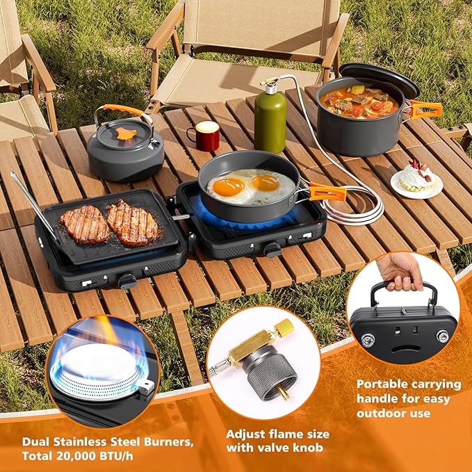 Hisencn 2 Burner Foldable Camping Stove with Griddle,Portable Propane Camp Stove, 20000 BTU Propane Stove, Outdoor Gas Stove with Carry Bag,Includes Frying Pan, Kettle, and Pot, Adjustable Burners