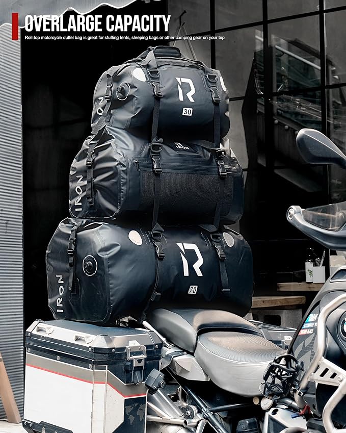 IRON JIA'S Motorcycle Dry Bag - Waterproof Duffle & Luggage Tail Bag Saddle Bags with Roll Top Closure, Shoulder Straps, Inner Pocket and Mesh Pocket (Grey, 50L)