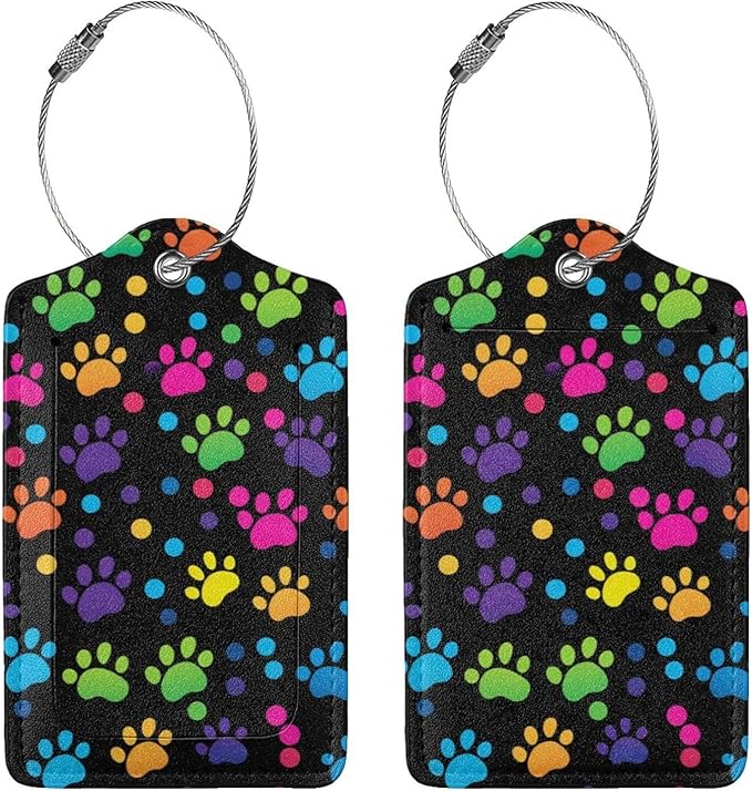 Cute Dog Paws Leather Luggage Tag with Stainless Steel Ring, Fun Name Id Card Cover Travel Bag Tag Set, Suitable for Travel Bag Luggage Women Men 2 PCS