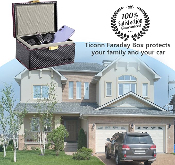 TICONN Faraday Box, Car Key Fob Protector, Carbon Fiber Signal Blocker for Keyless Fob, RFID Signal Blocking Pouch Cage