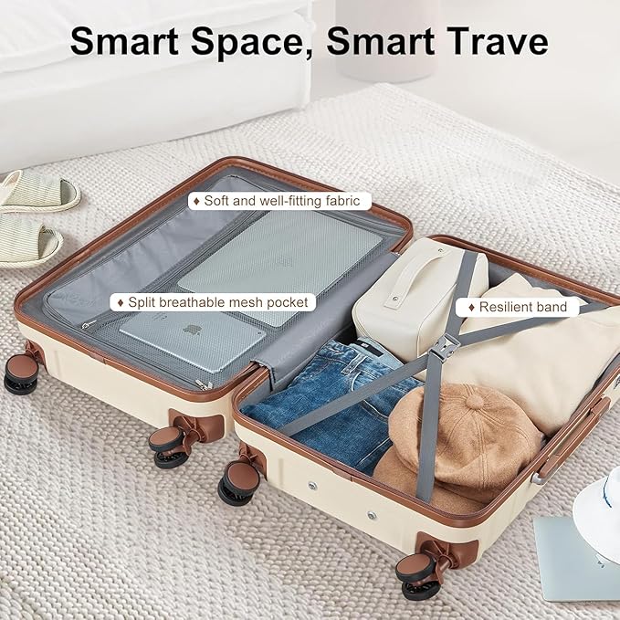 Carry On Luggage 3 Piece Lightweight Travel Luggage Set,22x14x9 Airline Approved,YKK Zippers Expandable Hard Shell Suitcase with Spinner Wheels TSA Lock (Beige, 3 Piece Sets (20/DB/TB))