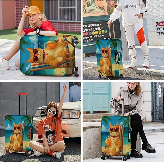 ANNA QUEEN Summer Cat Luggage Cover, Cat in Sunglasses with a Beach Drink, Stretchable, Washable Travel Protector for 28-30 Inch Suitcases