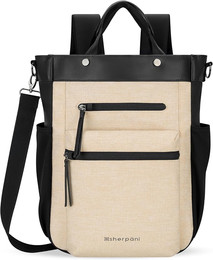 Sherpani Soleil, Anti Theft Convertible Backpack, 3 in 1 Tote Bag, Crossbody Bag, Cross Body Purse, 18L Travel Backpack for Women, RFID Protection, Metal Hardware Fits 13" Laptop (Straw Pro)