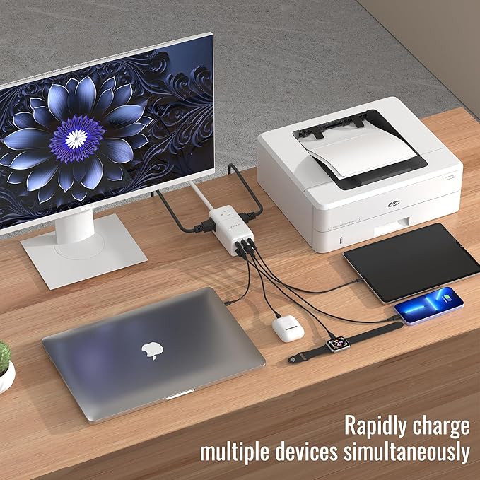 NENJI 75W GaN USB-C Super Fast Charging Station, 8-in-1 Power Strip with 5 USB & 3 AC Ports, Smart Charging, Fast PD Charger for iPhone, Samsung, iPad, MacBook – Desktop & Travel-Friendly – White