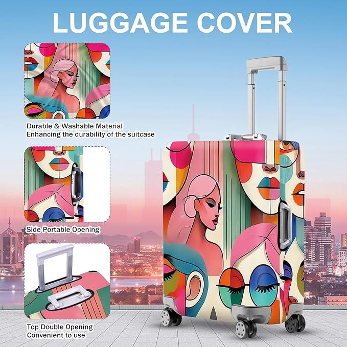ANNA QUEEN Modern Art Fashion Luggage Cover, Stylish Abstract Woman Suitcase Protector, Washable, Stretchable Travel Sleeve for 24-26 Inch Luggage, Trendy, Colorful Design