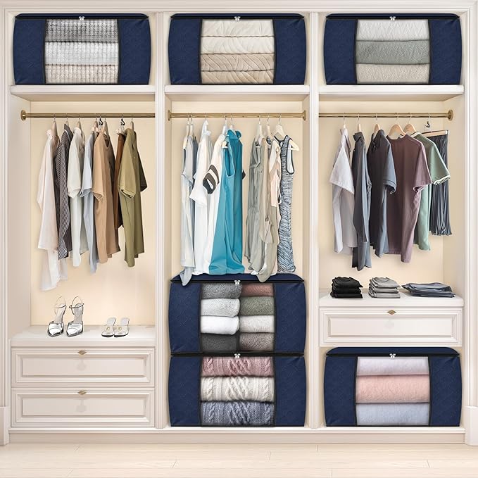 Fab totes 24 Gallons Clothes Storage, Foldable Thick Fabric Blanket Storage Bags, Containers for Organizing Bedroom, Closet, Clothing, Comforter, Organization with Handle (8 Pack,Blue)