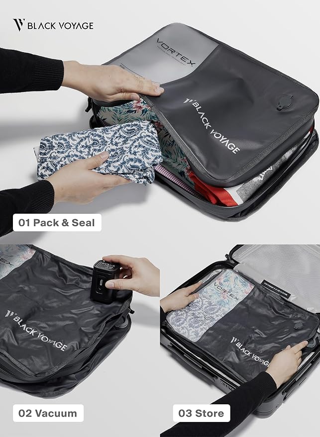 Black Voyage Reusable Vacuum Compression Travel Bag for Carry-On Suitcase and Backpack, Recycled IP67 Waterproof Space Saver Vacpack (2-Pack, 21L - Pump Included)