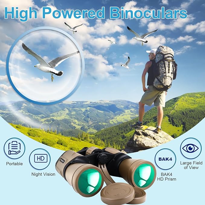 PISEZ 20X50 Binoculars for Adults High Powered with Low Light Vision，Large View Waterproof Binoculars for Bird Watching Hunting Concert Traveling Theater Opera Sightseeing